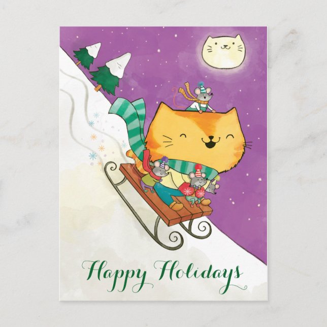 Christmas Cute Cat's Sled Postcards (Front)