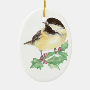 Christmas Cute Chickadee, Bird, Holly Wildlife Ceramic Ornament