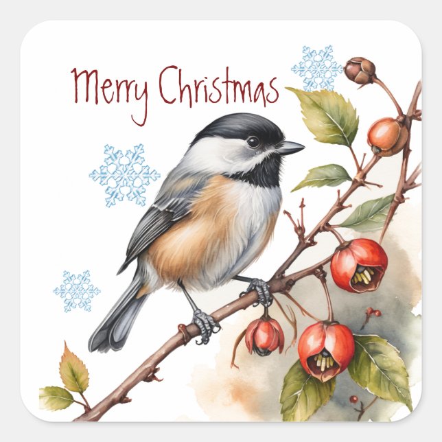 Christmas Cute Chickadee Bird Wildlife Nature Art Square Sticker (Front)