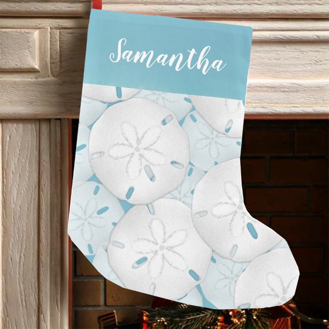 Christmas Cute Coastal Personalized Small Christmas Stocking (Sand dollars whimsical Christmas Stocking. )