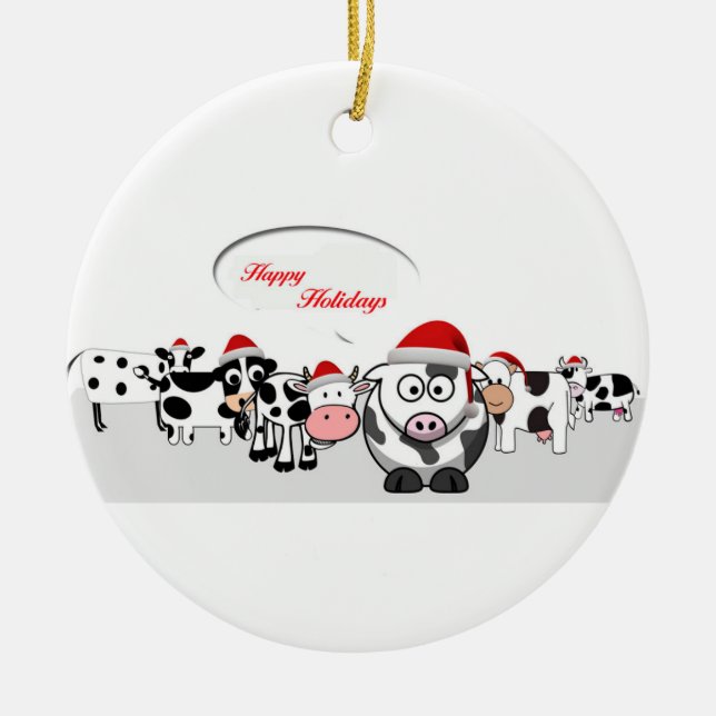 Christmas Cute Cows Happy Holidays Ceramic Ornament (Front)
