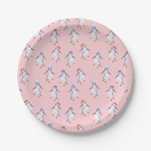 Christmas Cute Dancing Penguins Pattern  Paper Plates