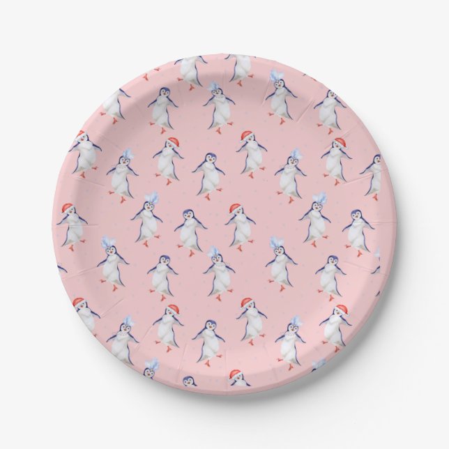 Christmas Cute Dancing Penguins Pattern  Paper Plates (Front)