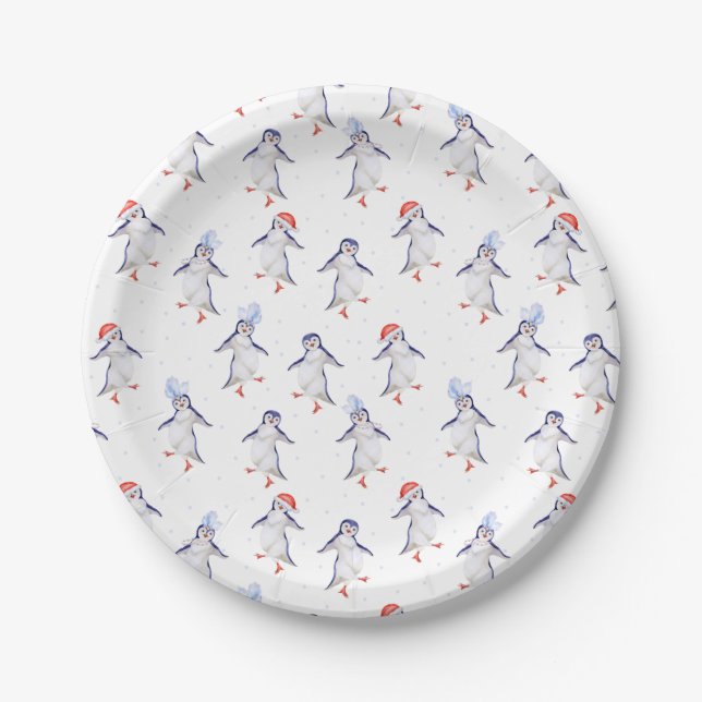 Christmas Cute Dancing Penguins Pattern Paper Plates (Front)