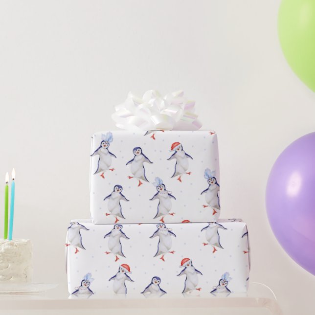 Christmas Cute Dancing Penguins Pattern Wrapping Paper (Party Gifts)