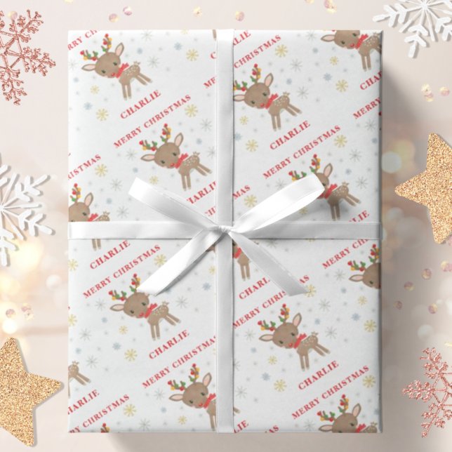 Christmas Cute Deer Snowflakes Personalized Name Wrapping Paper (Creator Uploaded)
