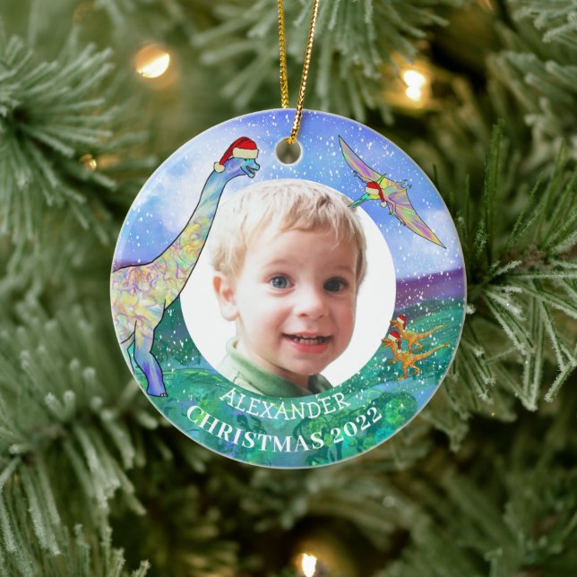 Christmas cute Dinosaur Personalized photo 2022 Ceramic Ornament (Tree)
