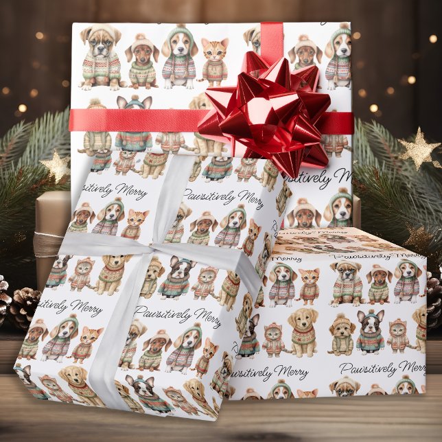 Christmas Cute Dog Cat Pets Pawsitively Merry  Wrapping Paper (Creator Uploaded)