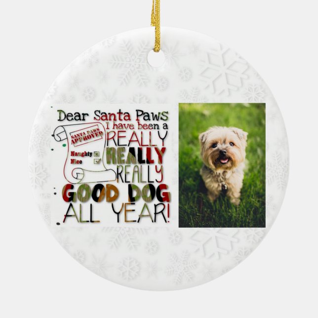 Christmas Cute Dog Photo Santa Paws Ceramic Ornament (Back)