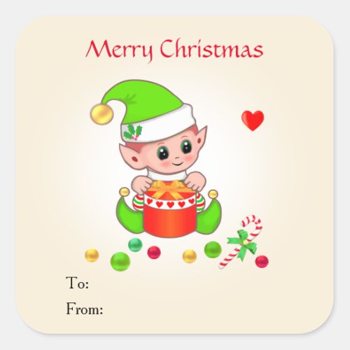 Christmas Cute Elf on Beige for Gifts  Favors Square Sticker