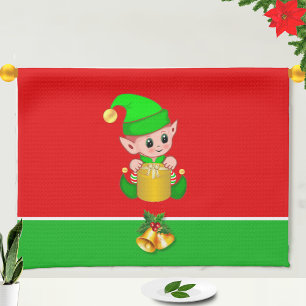 Christmas Cute Elf on Green and Red Kitchen Towel