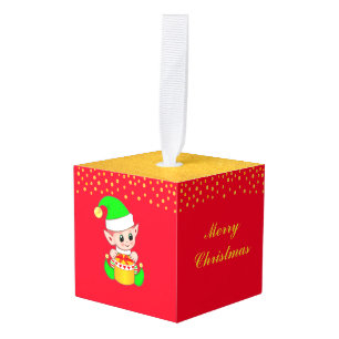 Christmas cute elf on red & gold cube ornament