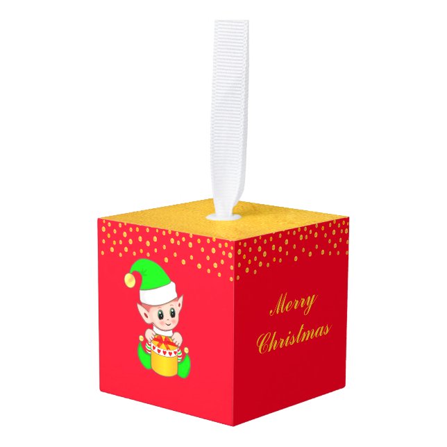 Christmas cute elf on red & gold cube ornament (Front Angled)