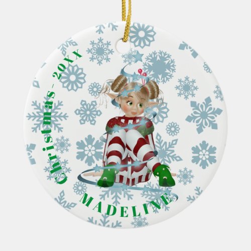 Christmas Cute Elf Snowflake Green White Ceramic Ornament
