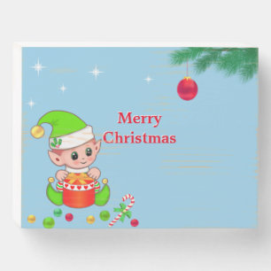 Christmas Cute Elf & Stars Wooden Box Sign