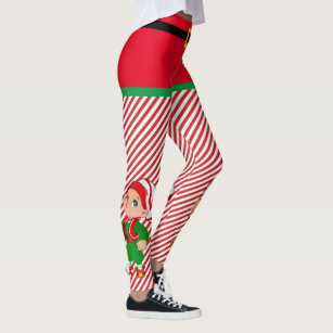 Christmas Cute Elf Women's Red & Green Stripe Leggings