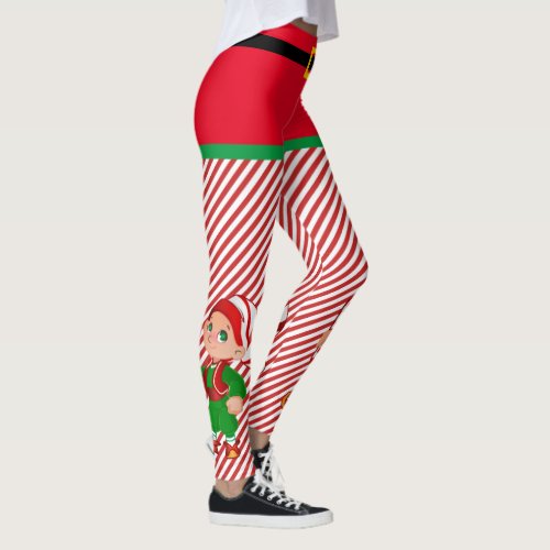 Christmas Cute Elf Womens Red  Green Stripe Leggings