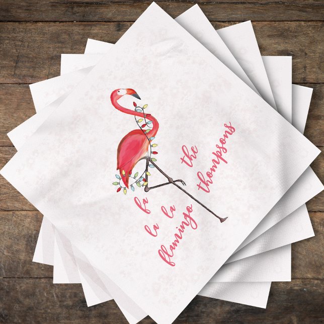 Christmas Cute Festive Flamingo String Lights Napk Napkins (Fa la la la la flamingo custom party pink flamingo Christmas napkins)