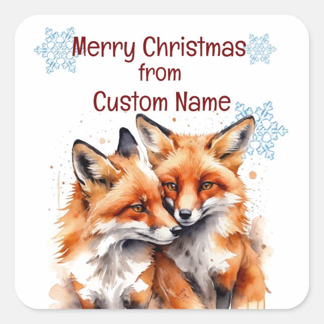 Christmas Cute Foxes Couple Animal Customize  Square Sticker (Front)
