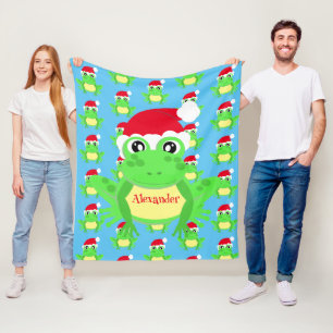 Christmas Cute Frog Santa Hat Blue Novelty Fleece Blanket