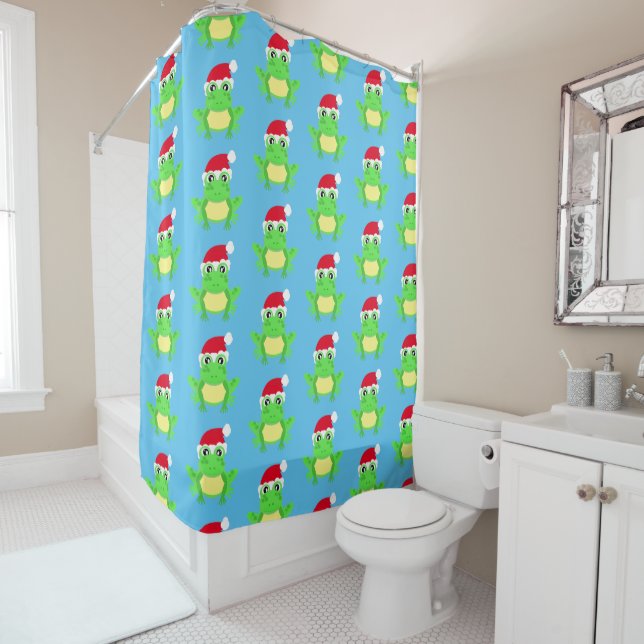 Christmas Cute Frog Santa Hat Pattern Blue Shower Curtain (In Situ)