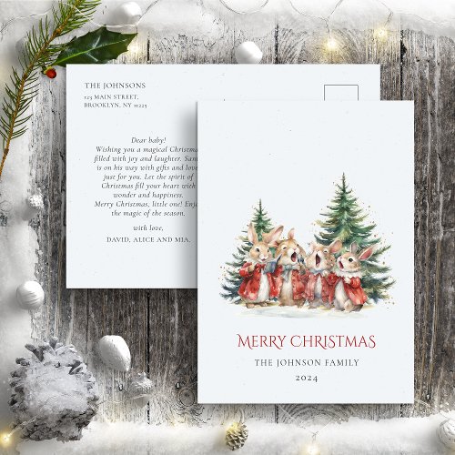 Christmas Cute Funny Bunnies Baby Red Green Postcard