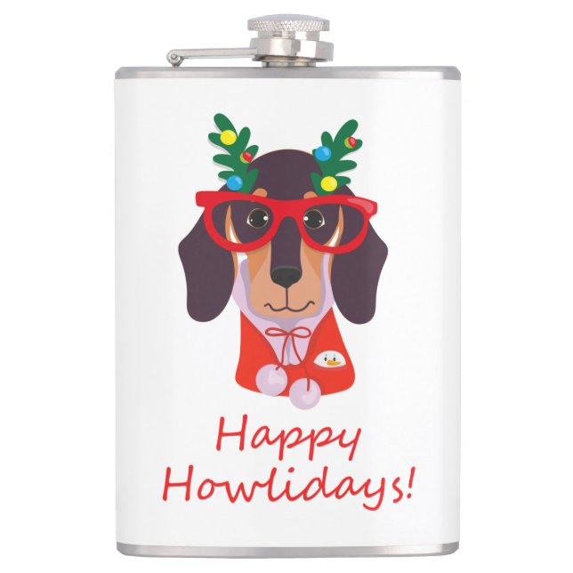 Christmas Cute Funny Dog Dachshund Howlidays 8 oz Flask (Front)