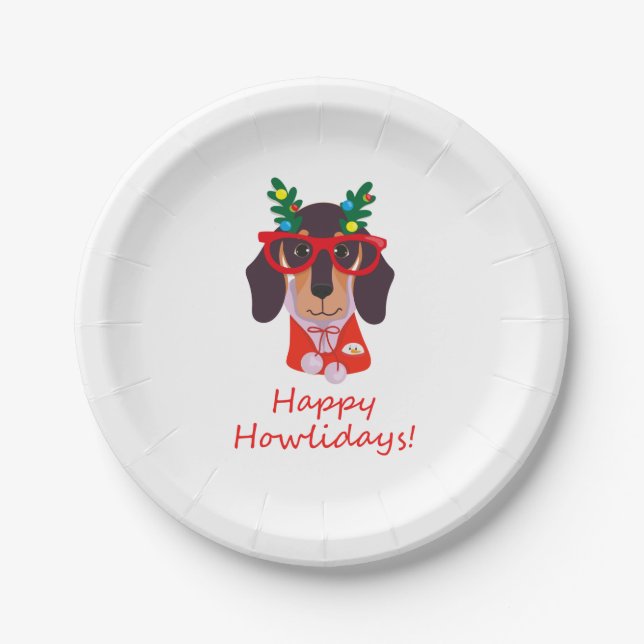 Christmas Cute Funny Dog Dachshund Howlidays Party Paper Plates (Front)