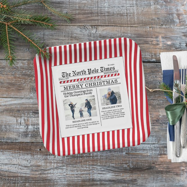 Christmas Cute Funny Photo Whimsical Newspaper Paper Plates (The North Pole Time whimsical photo custom Square paper plate. With whimsical stripes. )