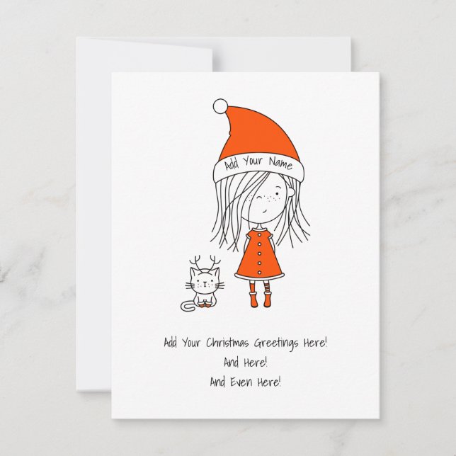 Christmas Cute Funny Santa Girl Cat Add Greetings Holiday Card (Front)