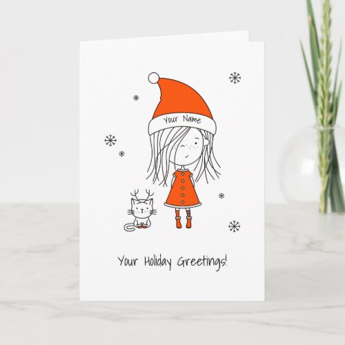 Christmas Cute Funny Santa Girl Cat Cartoon Holiday Card