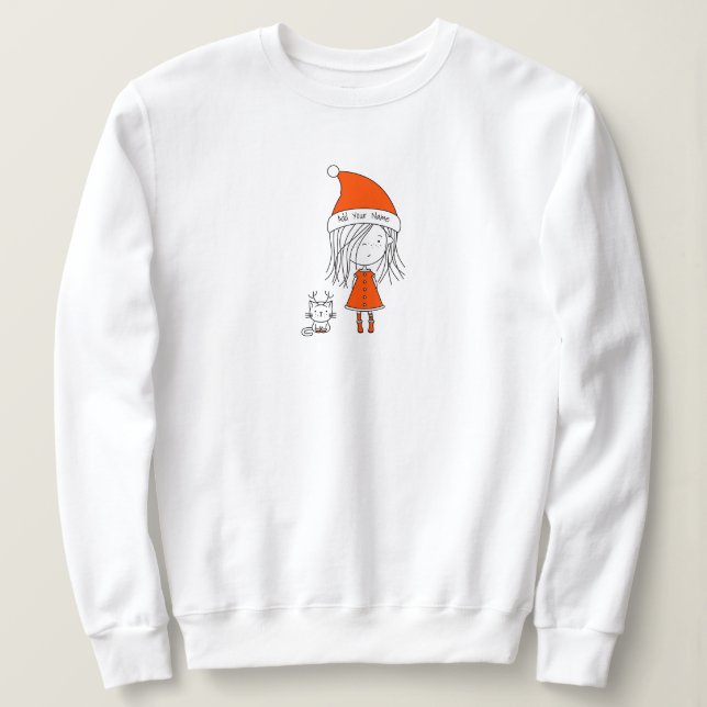 Christmas Cute Funny Santa Girl Cat Cartoon Name Sweatshirt (Design Front)