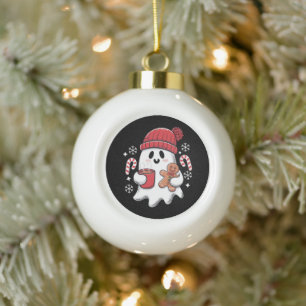 Christmas Cute Ghost Iced Coffee Retro Xmas Coffee Ceramic Ball Christmas Ornament