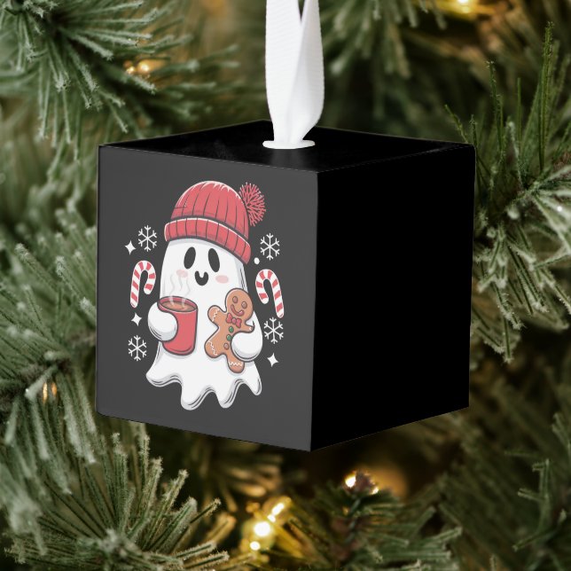 Christmas Cute Ghost Iced Coffee Retro Xmas Coffee Cube Ornament (Tree)