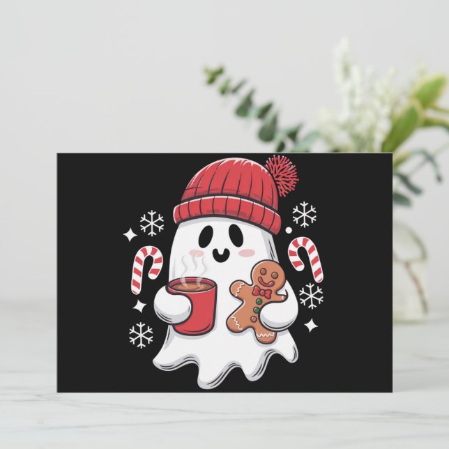 Christmas Cute Ghost Iced Coffee Retro Xmas Coffee Holiday Card (Standing Front)