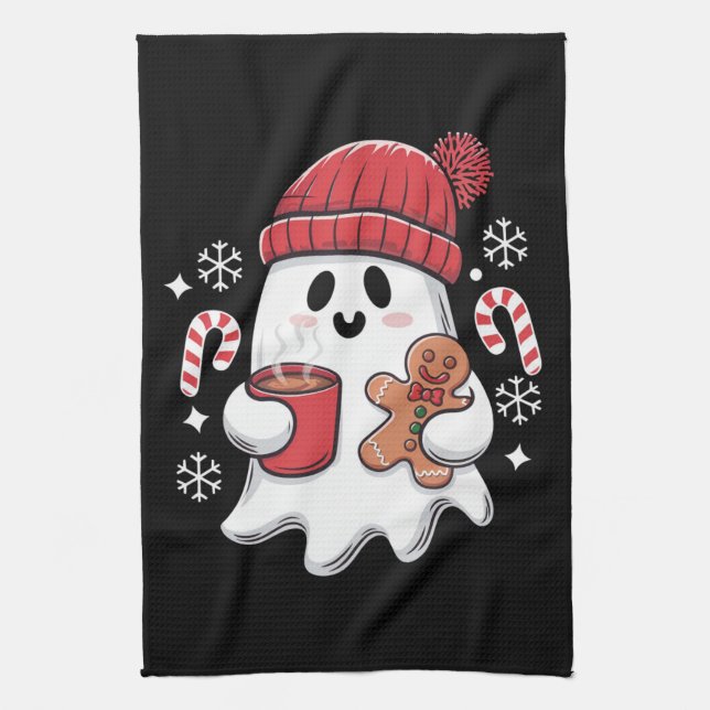 Christmas Cute Ghost Iced Coffee Retro Xmas Coffee Kitchen Towel (Vertical)