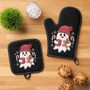 Christmas Cute Ghost Iced Coffee Retro Xmas Coffee Oven Mitt & Pot Holder Set