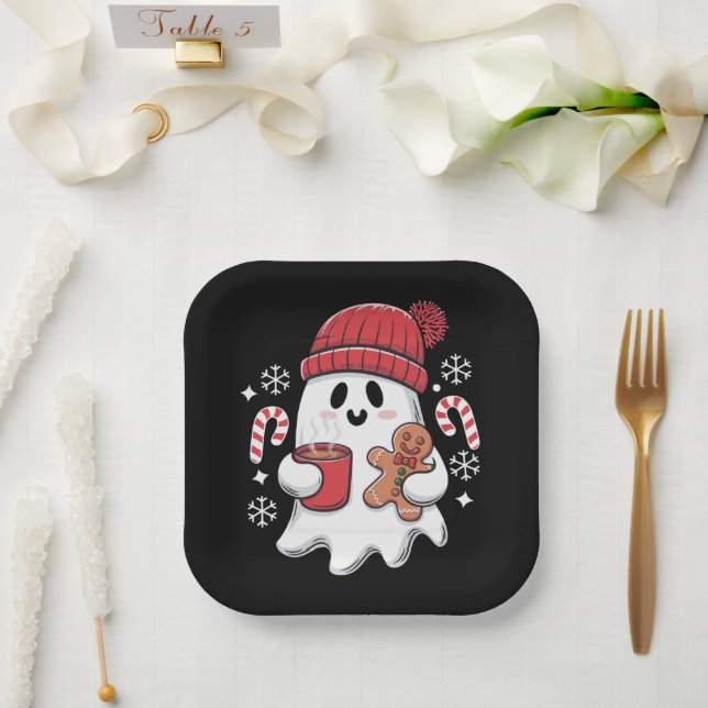 Christmas Cute Ghost Iced Coffee Retro Xmas Coffee Paper Plates (Wedding)