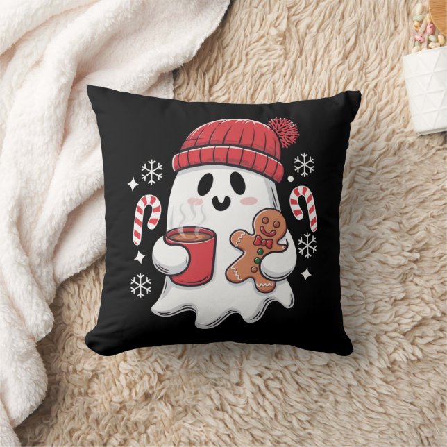 Christmas Cute Ghost Iced Coffee Retro Xmas Coffee Throw Pillow (Blanket)