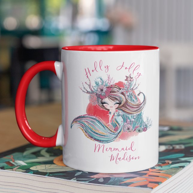 Christmas Cute Girly Mermaid Personalized Name Mug (Creator Uploaded)