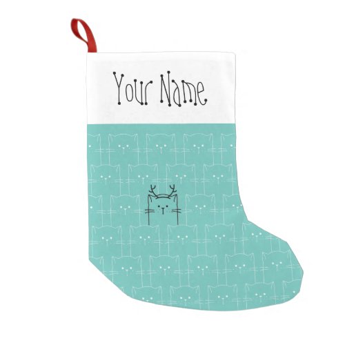 Christmas Cute Girly Teal Funny Cat Antlers Small Christmas Stocking