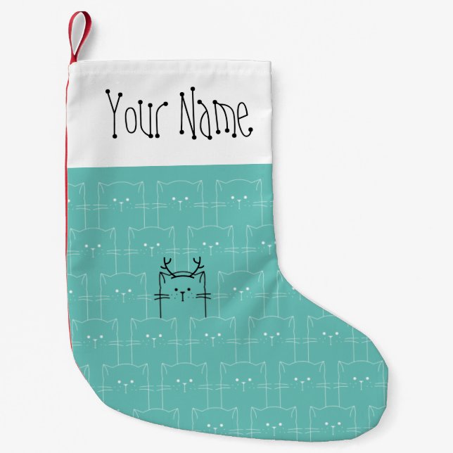 Christmas Cute Girly Teal Funny Cat Antlers Small Christmas Stocking (Front)