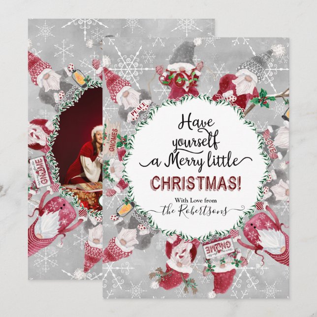 Christmas Cute Gnome Snowflake Gray Red Photograph Holiday Card (Front/Back)