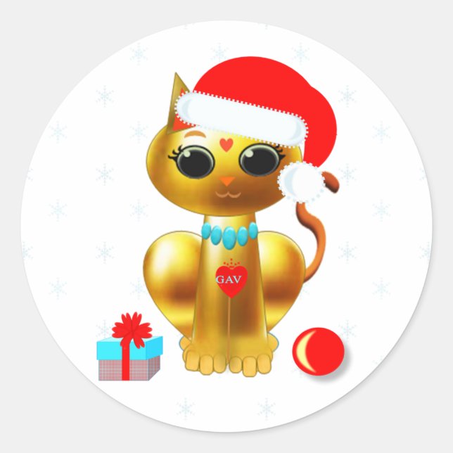Christmas cute golden kitty cat cartoon classic round sticker (Front)