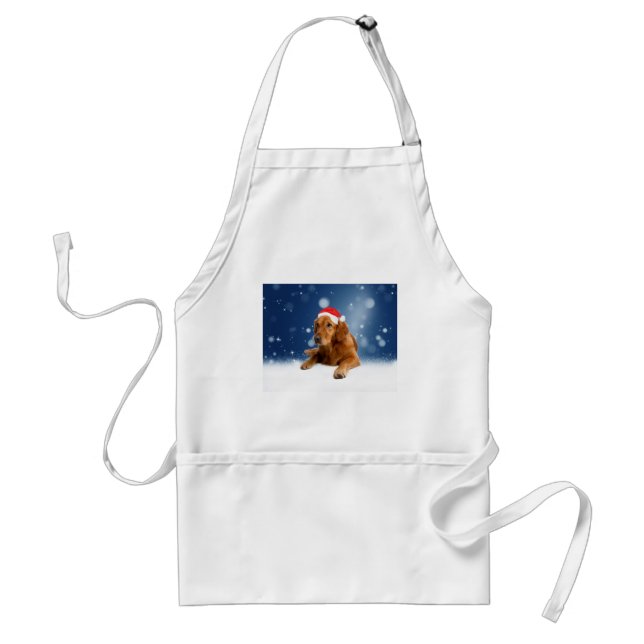 Christmas Cute Golden Retriever Dog Santa Hat Snow Adult Apron (Front)