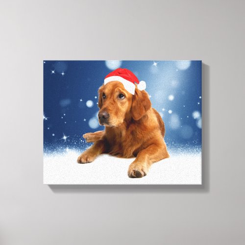 Christmas Cute Golden Retriever Dog Santa Hat Snow Canvas Print