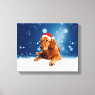 Christmas Cute Golden Retriever Dog Santa Hat Snow Canvas Print