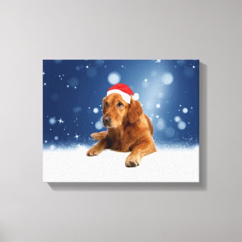 Christmas Cute Golden Retriever Dog Santa Hat Snow Canvas Print
