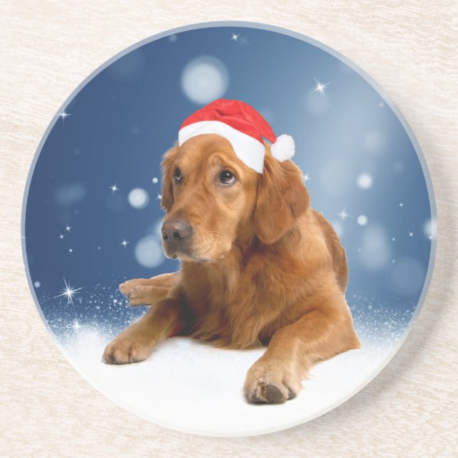 Christmas Cute Golden Retriever Dog Santa Hat Snow Coaster (Front)