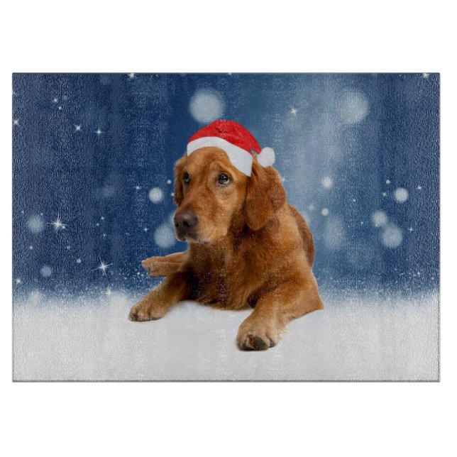 Christmas Cute Golden Retriever Dog Santa Hat Snow Cutting Board (Front)